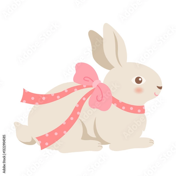 Obraz Rabbit sitting with pink ribbon on white background.