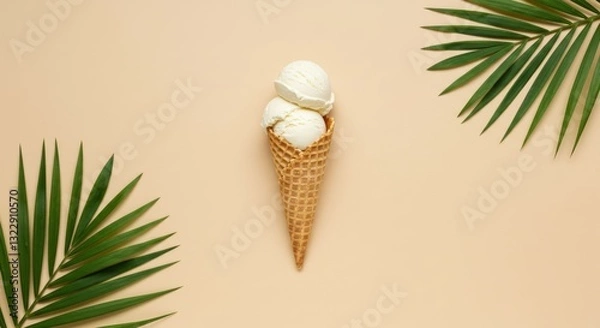 Fototapeta Minimalist ice cream cone, Single scoop vanilla, Waffle cone, Palm leaves, Tropical vibes, Beige background, Flat lay photography, Clean aesthetic, Summer mood, Soft shadows, Natural lighting, Simple 