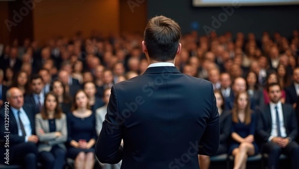 Fototapeta A professional business seminar where a male speaker in a dark suit stands on stage, addressing a large audience of professionals dressed in business attire. The audience listens attentively, creating