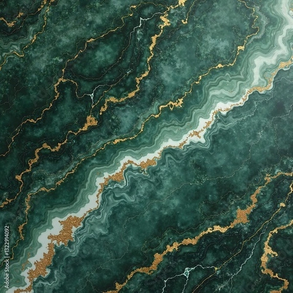 Fototapeta A natural green marble texture with soft white and gold veins, resembling emerald stone, polished and detailed