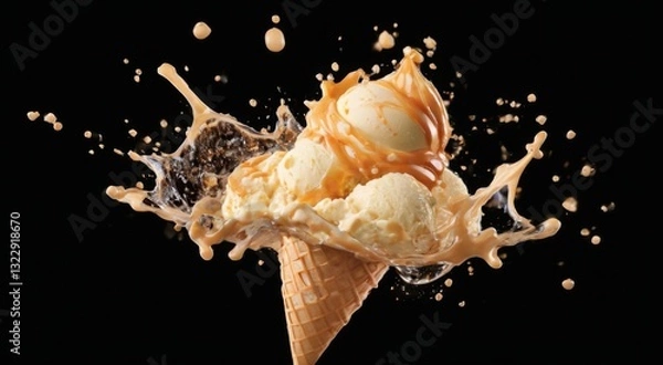 Fototapeta Vanilla Ice Cream Cone with Splash Effect on Black Background, Waffle Cone, Caramel Droplets, Playful and Whimsical Mood