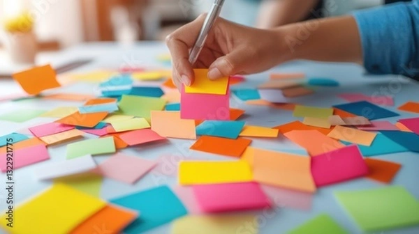 Obraz Collaborative Innovation Visualization Agile Gen Z Brainstorming with Vibrant Mixed-Color Sticky Notes - Strategic Design Thinking for Next-Generation Workplace Creativity