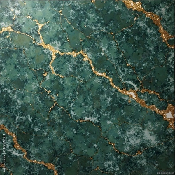 Fototapeta A natural green marble texture with soft white and gold veins, resembling emerald stone