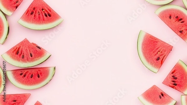 Fototapeta Slices of fresh watermelon arranged in border on pastel pink background, creating vibrant and refreshing summer theme