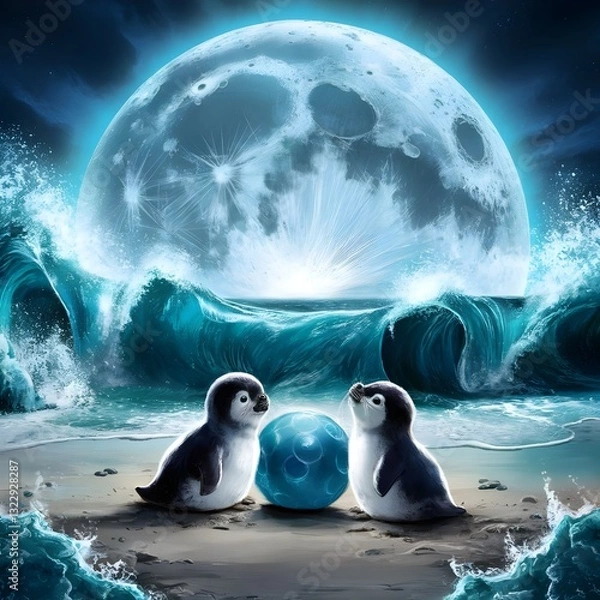 Fototapeta A beach and penguins where giant planets appear