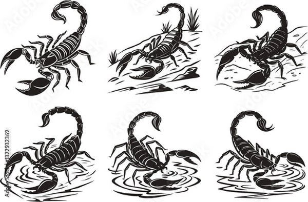 Fototapeta Black Scorpion Silhouette Set Deadly Arachnid Illustrations in Various Poses and Environments.