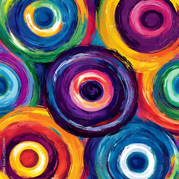Fototapeta Abstract pattern with concentric circles in rainbow colors, created in a hand-painted style that highlights organic brushstrokes and vibrant hues for a dynamic and artistic composition.