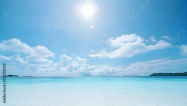 Fototapeta Idyllic tropical beach scene with bright sun, clear turquoise water, and fluffy white clouds. Perfect for travel, vacation, or summer themes.