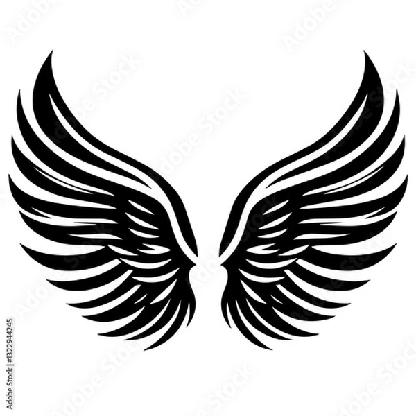 Fototapeta Black and white vector silhouette of angel wings on white background