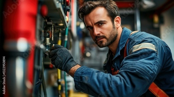 Fototapeta Skilled technician working on equipment workshop portrait industrial environment close-up expertise