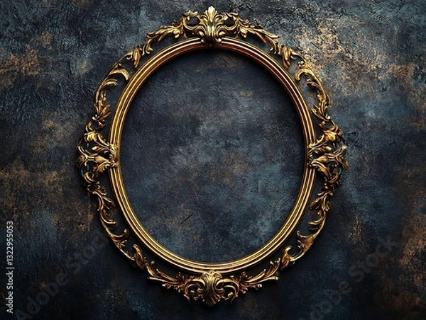 Fototapeta Oval gold frame, dark background, mockup