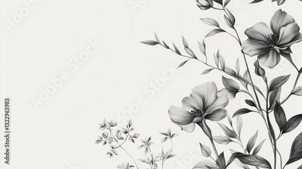 Fototapeta luxury hand-drawn botanical elements, delicate floral motifs, minimalist nature sketches, elegant pencil artwork, subtle gray shading, refined botanical collection, high-quality line drawing,