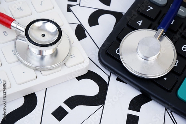 Fototapeta Choosing medical clinic and hospital concept. Cost of medical treatment. Two different stethoscopes on question marks and calculators.