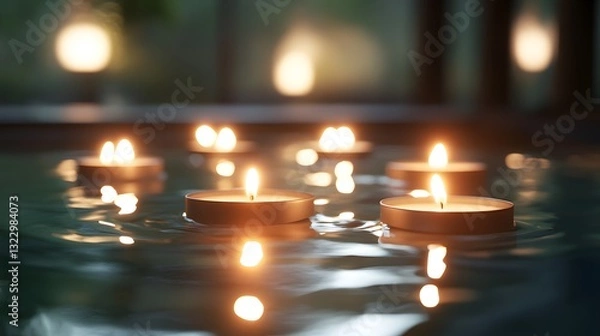 Fototapeta Beautiful Display of Floating Candles Creating a Serene Atmosphere in a Peaceful Water Setting