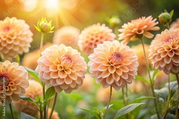 Fototapeta Peach Dahlia Blooms Bask in Golden Sunlight, a Vibrant Garden Scene of Delicate Petals and Lush Greenery