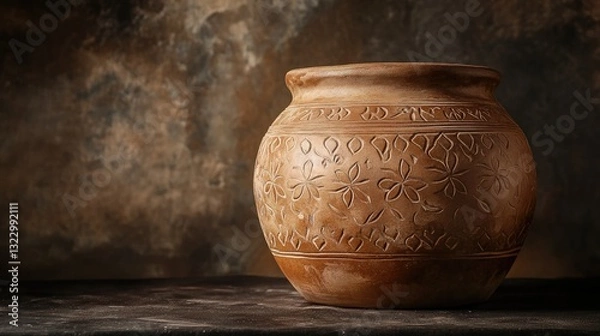 Fototapeta Handcrafted Earthy Clay Pot with Intricate Floral Design on a Rustic Background for Artistic Home Decor
