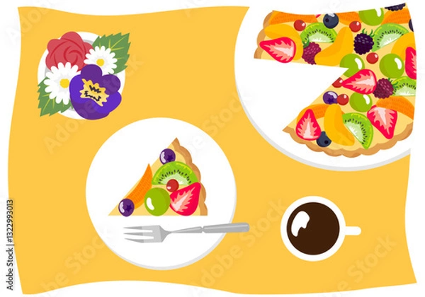 Obraz カラフルなフルーツタルトとコーヒー、花のあるテーブルを上から見たベクターイラストレーション