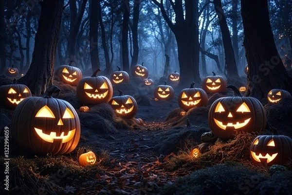 Fototapeta Mystical Jack-o-Lanterns Illuminating a Dark Forest at Midnight
