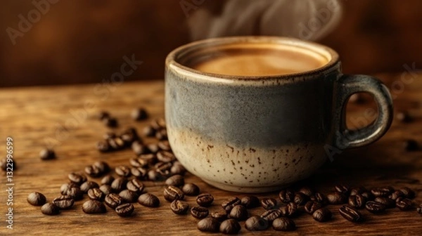 Obraz A steaming cup of coffee sits on a wooden surface, surrounded by coffee beans, evoking warmth and comfort.