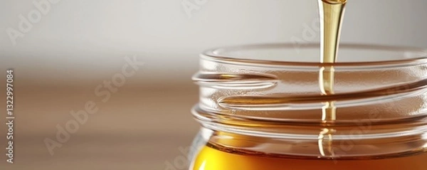 Fototapeta Fresh Honey Dripping from a Spoon into a Clear Glass Jar on a Rustic Wooden Surface