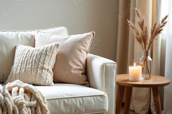 Obraz Cozy living room scene with a cream sofa with a chunky knit throw and textured pillows.
