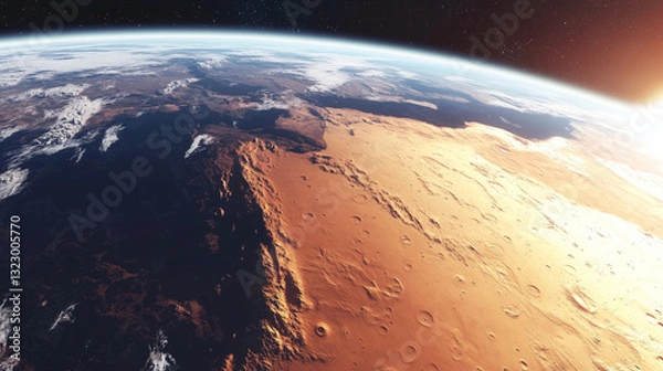 Obraz The curve of an Earth-like planet shines against the dark expanse of space, revealing arid desert landscapes, sprawling mountains, and shimmering oceans beneath a delicate, life-sustaining atmosphere