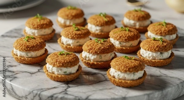 Fototapeta Gourmet Mini Sandwiches: An enticing close-up showcases an array of meticulously crafted mini sandwiches, artfully arranged on a stylish marble surface.