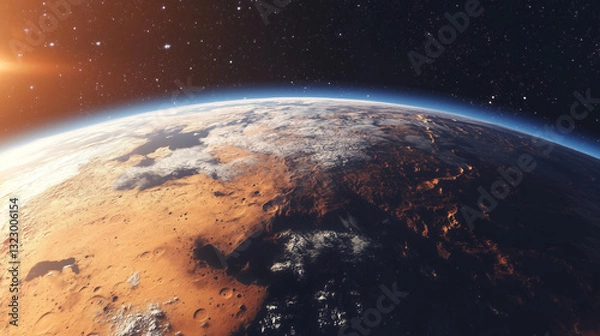 Obraz Floating in the vastness of space, an Earth-like world emerges, its curved surface revealing golden deserts, towering mountains, and deep blue waters, all wrapped in a thin, glowing atmosphere