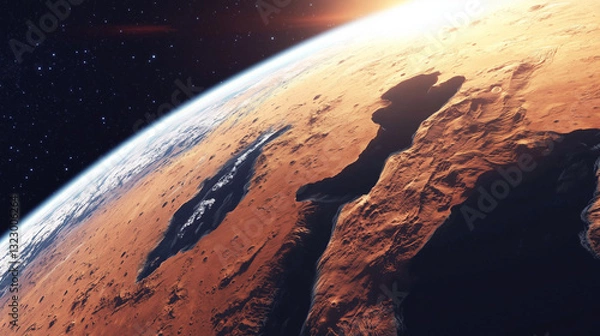 Obraz A stunning planetary view from orbit, where arid continents, towering mountain ranges, and shimmering seas curve beneath a glowing atmosphere, standing out against the deep blackness of deep space
