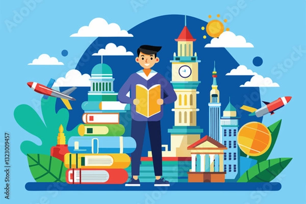 Fototapeta A student stands confidently with a book surrounded by iconic buildings and educational themes in a vibrant setting, Study abroad Customizable Flat Illustration