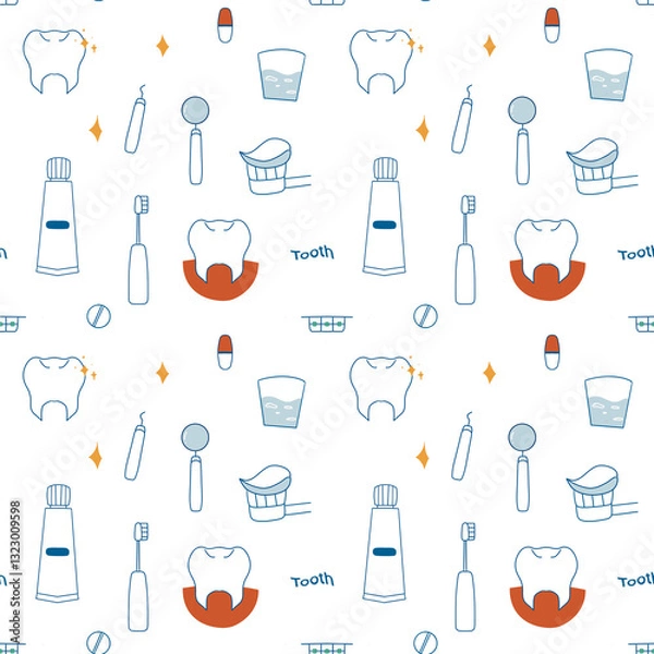 Fototapeta teeth seamlespattern hand drawn in doodle style. cute linear simple illustrations. seamless pattern with cute Teeth, Teeth Seamless Pattern Wallpaper, playful dental-themed illustration featuring cute