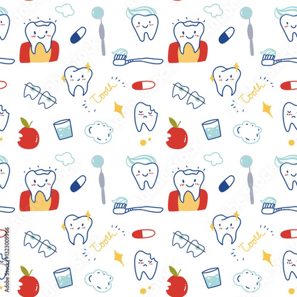 Fototapeta teeth seamlespattern hand drawn in doodle style. cute linear simple illustrations. seamless pattern with cute Teeth, Teeth Seamless Pattern Wallpaper, playful dental-themed illustration featuring cute