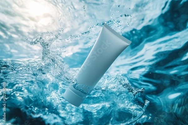 Obraz Blank cosmetic tube underwater. Clear blue water surface texture with splashes and ripples.Summer, vacation, holiday background. Cosmetic product branding