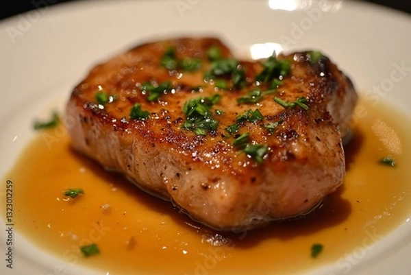 Obraz pan-seared pork chops wearing apple sauce sheen under a spotlight