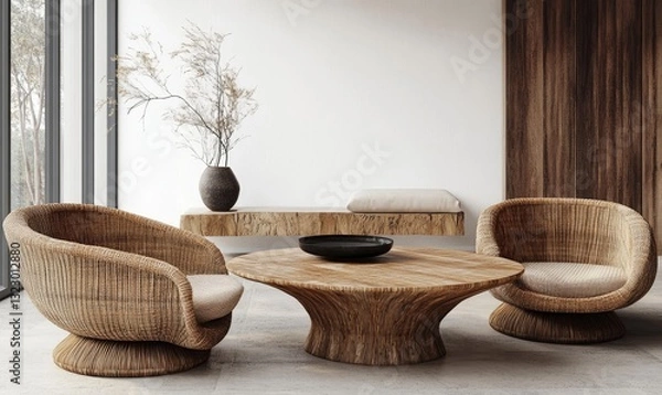Obraz Home interior mock-up with rattan furniture, table and decor in living room, 3d render