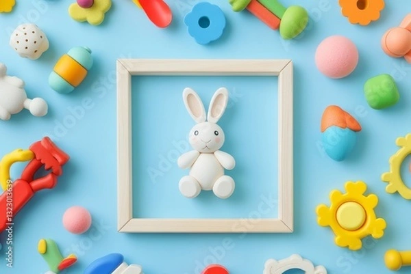 Obraz Baby kids toy frame background. White bunny, colorful wooden educational, sensory, sorting and stacking toys for children on light blue background. Top view, flat