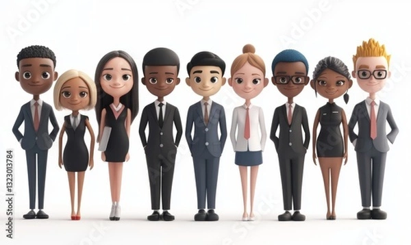 Obraz 3D cartoon character cute multi ethnic group of young business people corporate team officer, full body person isolated on white background, ai