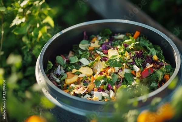 Obraz Compost container with mix vegetables and fruits peels and scraps. Outdoor compost bin for reducing kitchen waste. Organic waste in garden composter. Eco friendly gardening, sustainability