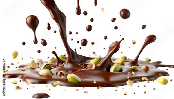 Fototapeta Indulgent chocolate pouring with nuts and splashes, Dubai Chocolate Splash png, dark chocolate with pistachios.Concept of gourmet, indulgence, pleasure