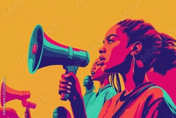Obraz Megaphone, freedom or women equality protest for global change, gender equality or black woman speaker fight for support. Crowd poster banner, city speech or human rights rally by justice