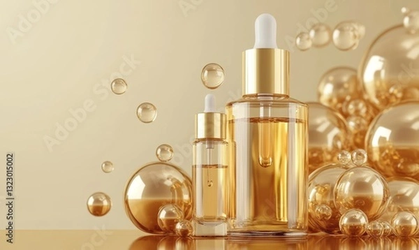 Obraz golden yellow Bubbles oil or collagen serum for cosmetic product, 3d rendering