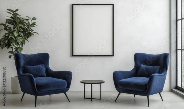 Obraz Two armchairs in room with white wall and big frame poster on it. Scandinavian style interior design of modern living room. Generative AI