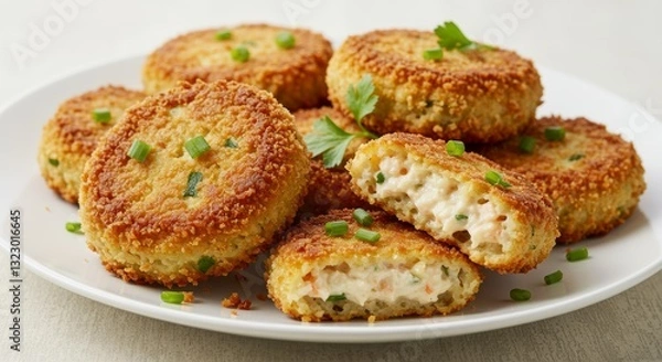 Fototapeta Golden Crispy Cakes: A culinary delight of golden-brown, perfectly cooked cakes arranged artfully on a pristine plate, inviting you to savor the satisfying crunch and taste.