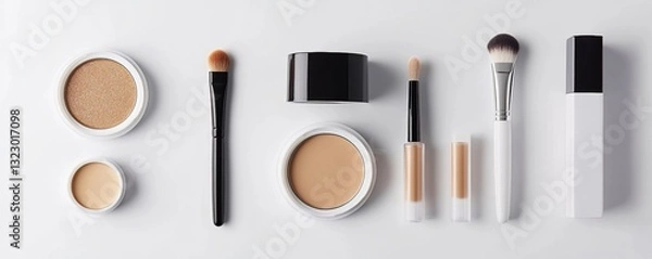 Obraz Liquid foundations, makeup brush, swatches and face powder on white background, flat lay