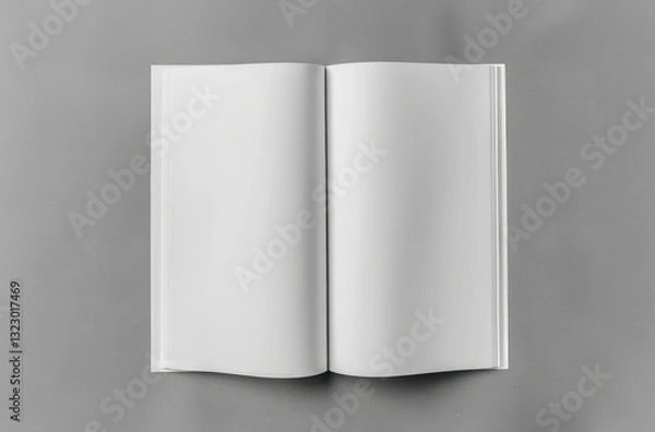 Fototapeta Open White Magazines on Gray Background, Top View, Minimalist Style.