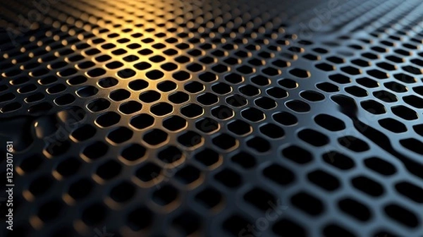 Obraz Luxury hexagonal abstract black metal background with golden light lines. Dark 3d geometric texture illustration. Bright grid pattern. Pure black horizontal banner wallpaper. Carbon elegant wedding