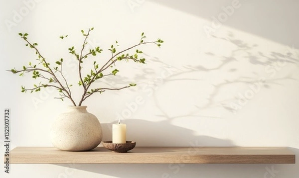 Obraz Traditional interior wall mockup with green twigs in vase and candle standing on light brown wooden table on empty white background