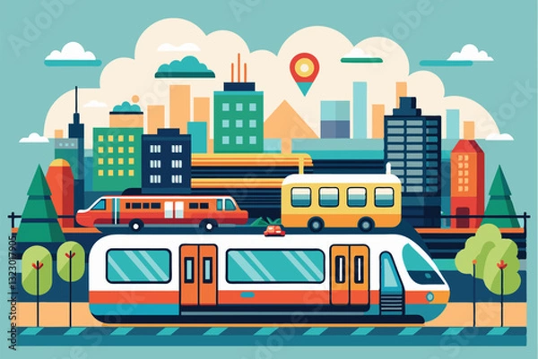Obraz Colorful illustration of a subway system in an urban landscape with trains and city structures, Subway Customizable Flat Illustration
