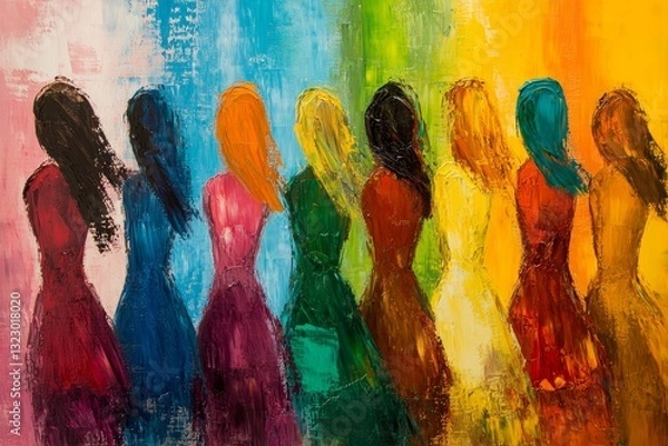 Obraz different diverse women standing together, abstract impressionist painting style