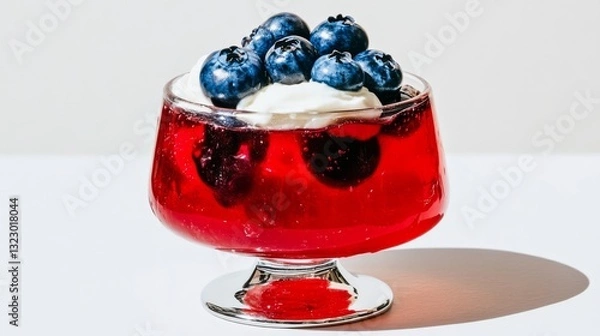 Obraz Jelly with blueberries and cream on top, decorative background.